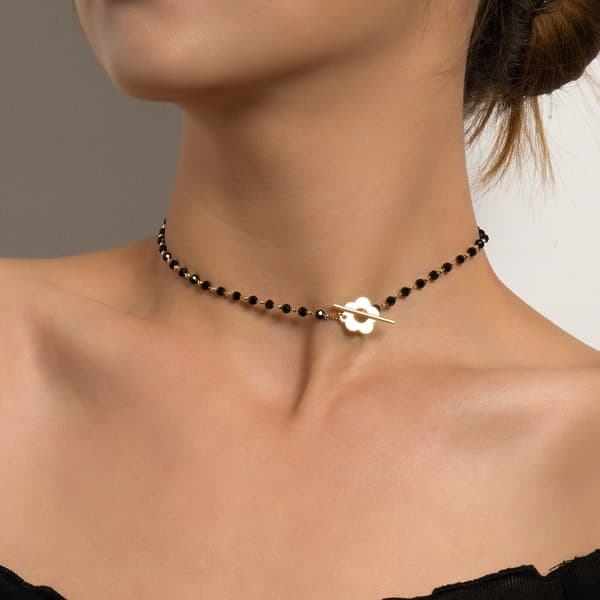 Clasp Choker Halskjede, Sorte Krystallperler Plommeblomst Form OT Clasp Hals