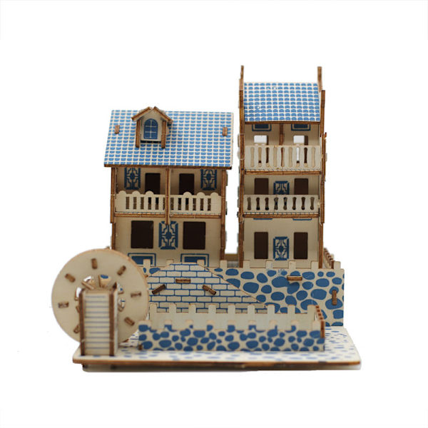 1 st 3d tredimensionellt pussel träpusselmodell handgjorda prydnader pedagogiska DIY-leksaker för barn (blå villa)