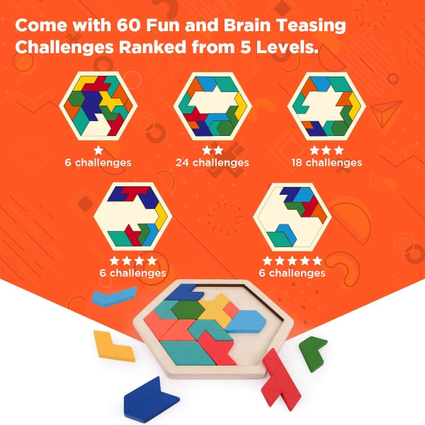 Sekskantet tangram-puslespil i træ til børn, voksne - geometriske former blokerer hjernetrim med 60 løsninger, sjovt rejsespil for alle aldre