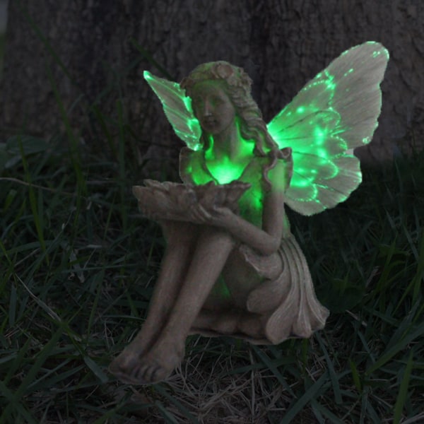 Trädgårdsstaty Fairy Bird Feeder Solar Lamp Figurine Resin Sculptu