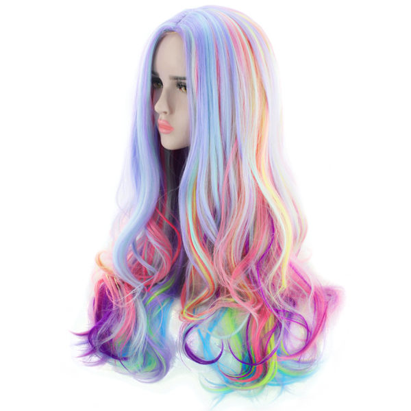 Täyspitkät kiharat aaltoilevat Rainbow Hair -peruukit musiikkifestivaaleille, teema P