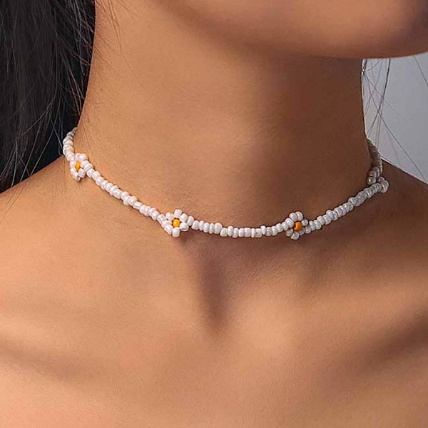 Perleblomst Choker Hvid Daisy Halskæde Boho Seed Bead Kort Solsikke Ne