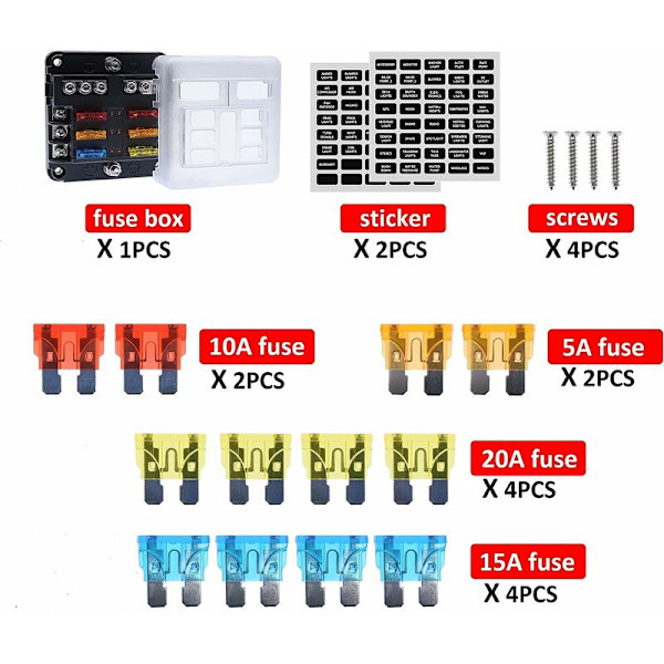 6-vägs 12V säkringsbox, säkringshållare blad säkringsblock med 16 säkringar 6 LED-indikatorlampor skyddande lock för 12V/24V bilfordon båt marin lastbil SUV