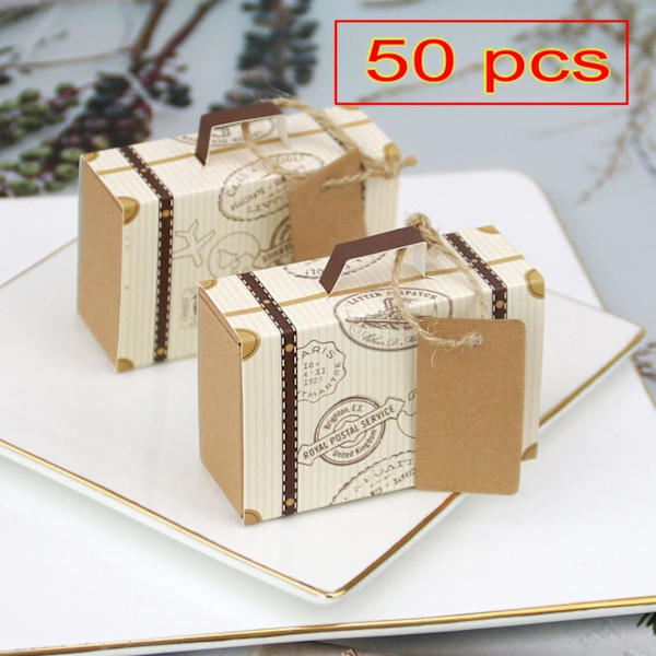 50 Mini Resväskor Presentask Jutesnöre Kraftpapper Liten Godisask