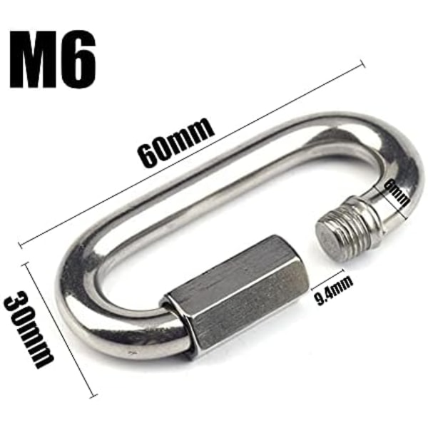 4-pack M6/0,24\" 304 rostfritt stål snabblänk, rostfritt stål oval D-formad skruvkarbinhake kraftig för utomhus/inomhus, camping och vandring