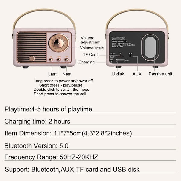 Retro Bluetooth-høyttaler Mini trådløs høyttaler, utendørs bærbar Bluetooth  w