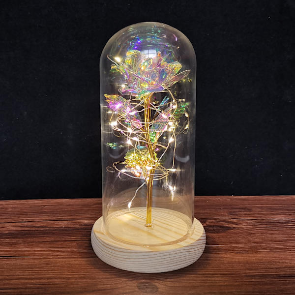 Glaskupa Ros Guld Folie Blomma med LED-ljus Evig Blomma C