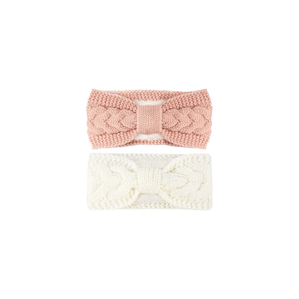 Set om 2, dam vinterhårbälte, dam öronbälte med plyschfoder (vit + rosa)