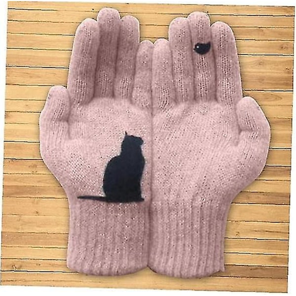 Hela fingervantar Cartoon Cat Print Vinter Varma Kalla Kasmirska Vantar Tjocka