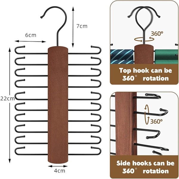Trä Hängare för Slipsar, 360 Grader Rotera Bältesförvaring Bälteshängare med 20