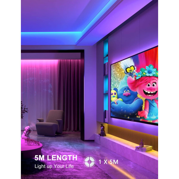 5m Bluetooth, Led-lys til soverommet, flerfarget RGB Led-stripe med 44-tasters app-fjernkontroll, musikksynkronisering for hjemmet og soverommet