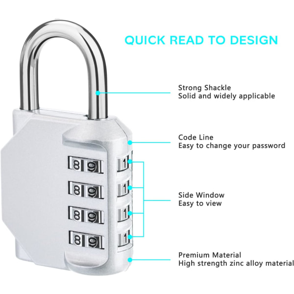 Kode hængelås til skab, 4-cifret kombinationshængelås til fitnesscenter, omklædningsrum,