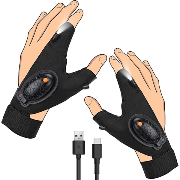 LED-utomhusficklampa Ljusa halvfingerfiskehandskar Ljusa