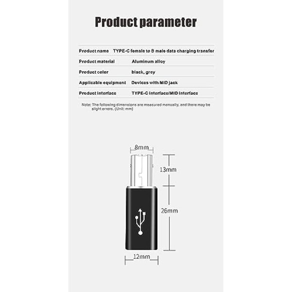 USB C till USB B-adapter (2-pack), kompatibel med skrivare, MIDI,
