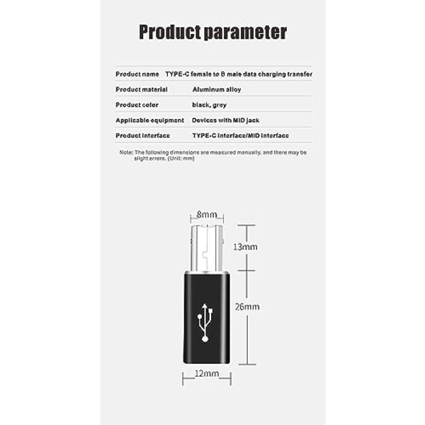 USB C - USB B -sovitin (2 kpl), yhteensopiva tulostimien, MIDI-laitteiden,