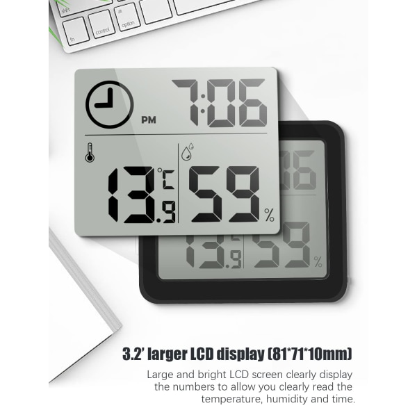 Digitalt termometer/hygrometer 3,2” LCD stor skjerm innendørs omgivelsestemperaturmonitor og fuktighetsmåler fuktighetsindikator (svart)