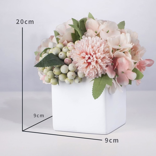 Kunstige blomster med liten keramisk vase, kunstig hortensia med vase plast kunstige blomster falske planter