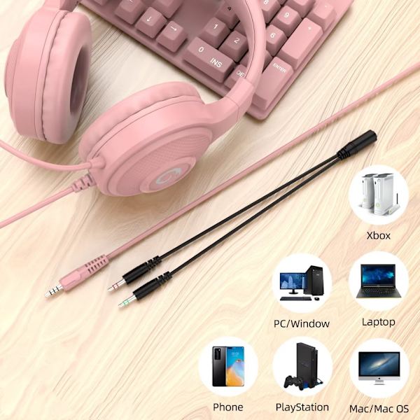 Rosa Trådbundet Gaming Headset - 7.1 Surroundljud - Ljuddrivrutiner i Minnesskum Öronkuddar med Hållbart Tygöverdrag - Multi Platforms Hörlurar för PC/PS4/NS
