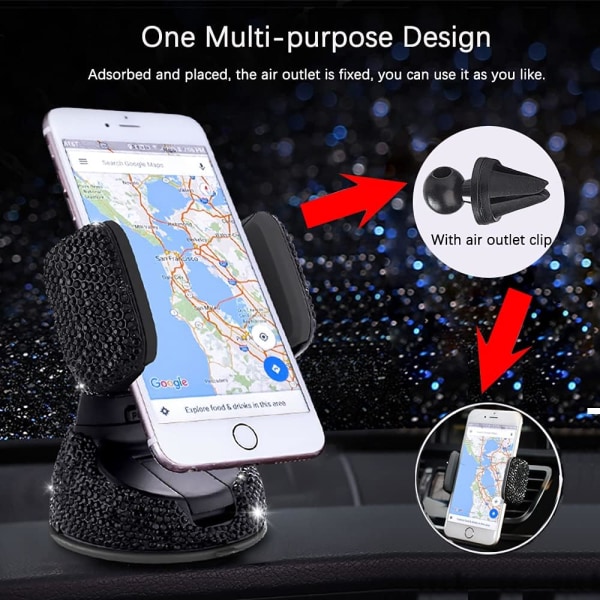 Bling Biltelefonhållare, 360° justerbar Crystal Auto Telefonhållare