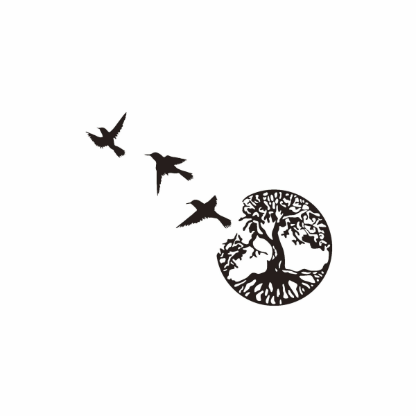 Musta metallinen elämänpuu -seinätaide - 3 lentävää lintuveistosta