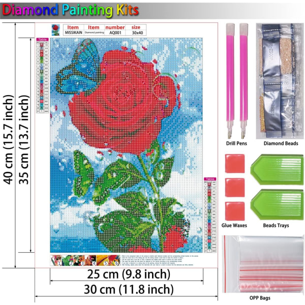 Blomster Diamantmålning, 5D DIY Ros Diamantmålning Kit för Vuxna Barn Nybörjare, Bästa Present till Familj och Vänner, 12x16 Tum, Röd Ros med Fjäril