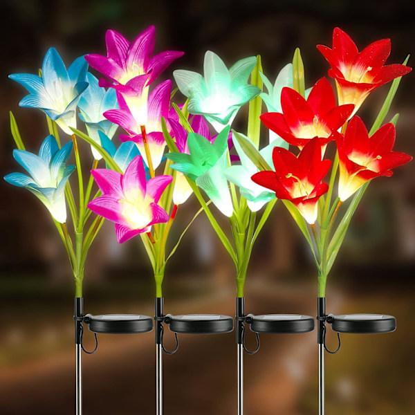 Solar Garden Lights, 4 Pack Multicolor Changing Lily Flowers Solar Lights O