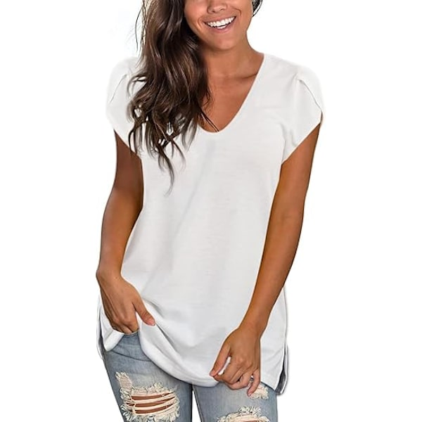 Kvinnors toppar kronblad kortärmad sommar T-shirts lös passform sid slits casual