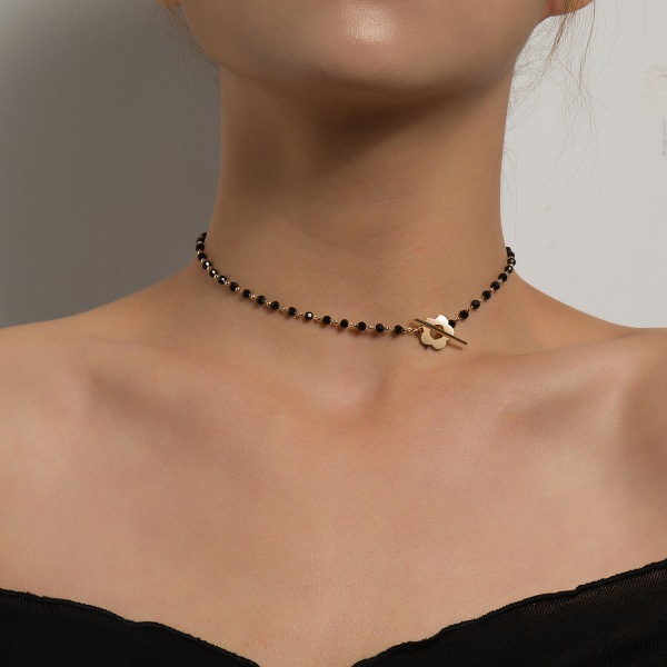 Enkel spänne svart kristallglas pärla kedja OT kort blomma halsband