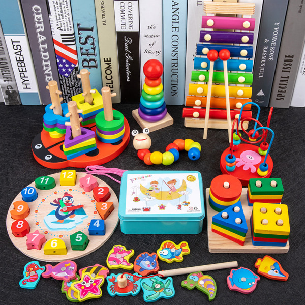 Leker for smågutter 1-3 år gamle, treformsortering, pedagogiske treleker for førskoleopplæring, små Rao-perler (tilfeldig farge)