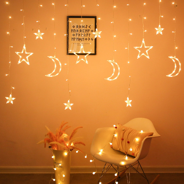 Moon Mate Stjernefarve Lampe, Måne Led Gardin Lampe, Festival Jul Dekorationslampe, Stjerne Måne Lampe Streng (Varm Hvid)