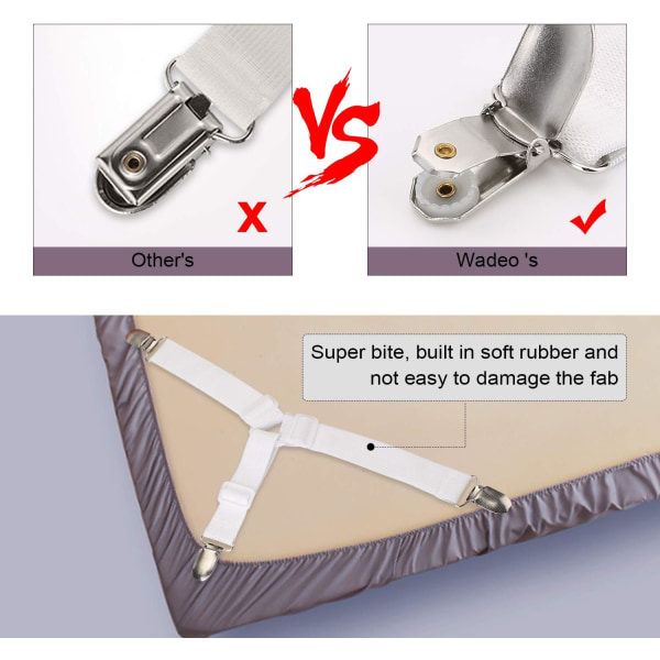 8 stk. sengeklips, justerbare elastiske trekantstøttestropper for montert laken og flatt laken, madrass - hvit