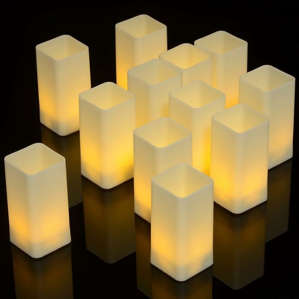LED-firkantede stearinlys, 12-pack batteridrevet, flimrende flammeløst