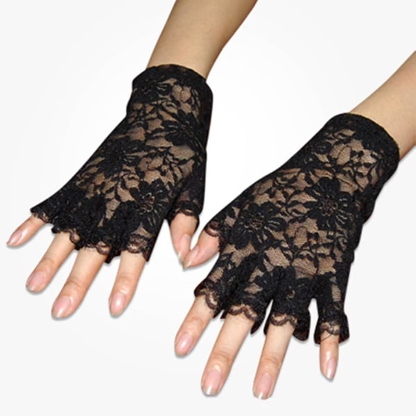 Korta svarta burleska franska Maid Fingerless Lace Costume Handskar