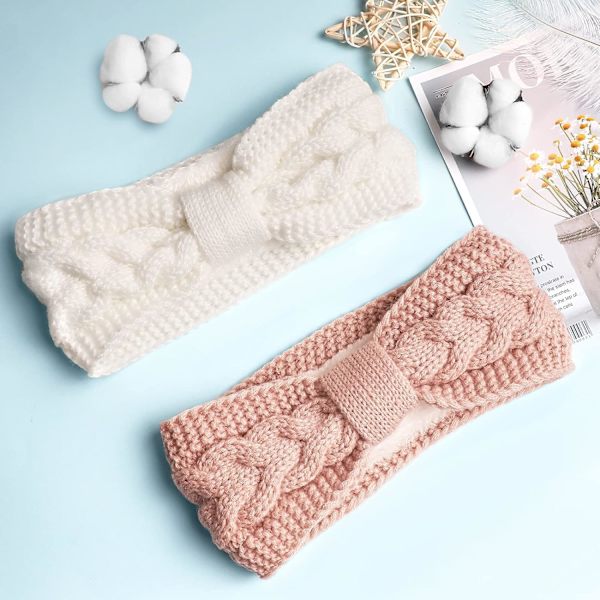 Set om 2, dam vinterhårbälte, dam öronbälte med plyschfoder (vit + rosa)