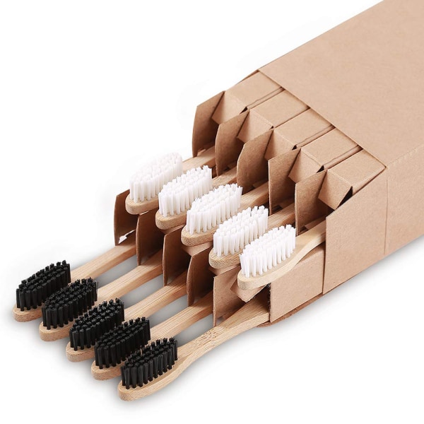 Sett med 10 stk bambus tannbørster (5 stk i svart, 5 stk i hvitt)