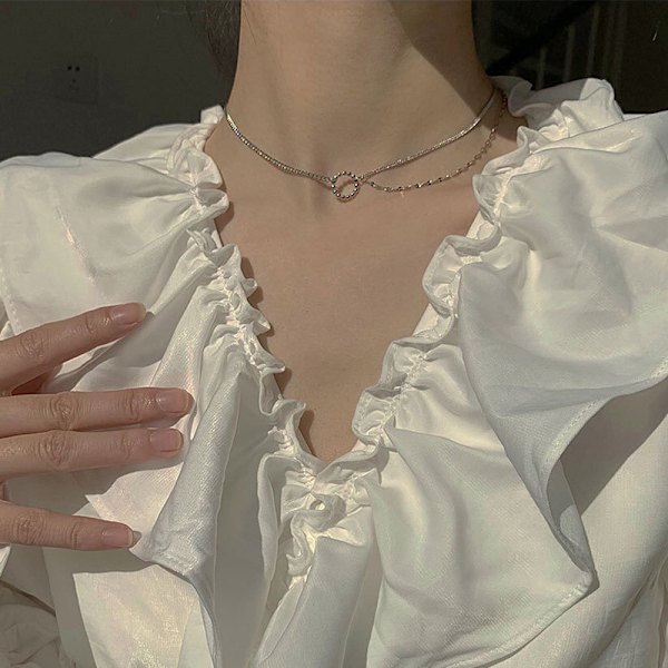 Fashion Glittrande Silver Halsband Dam Elegant Nyckelben Kedja Dubbel Lager Kedja Ring Halsband Fest Bröllop Halsband Smycken Present