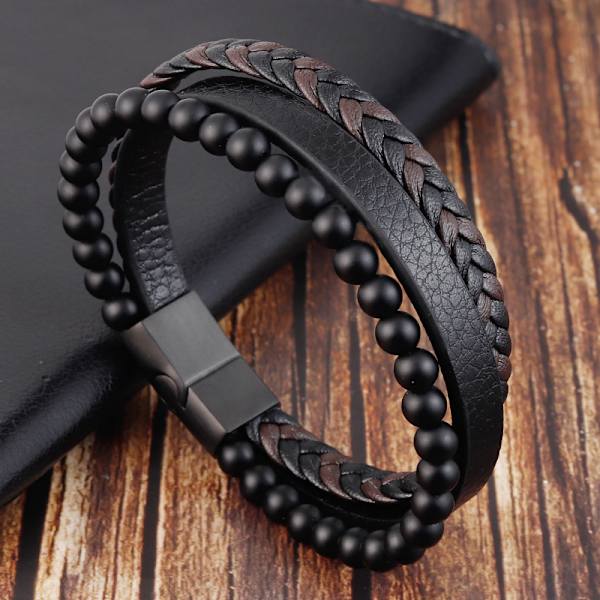 Natursten Vulkansten Läderarmband Rostfritt Stål Flätad Läder Multilager Armband Herr Titanstål Smycken