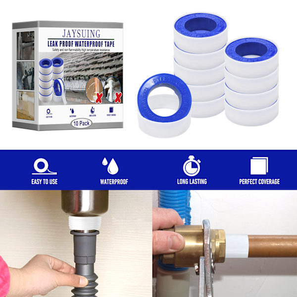 10 st PTFE-tejp tätningstejp för VVS/dusch/badkar/kranar