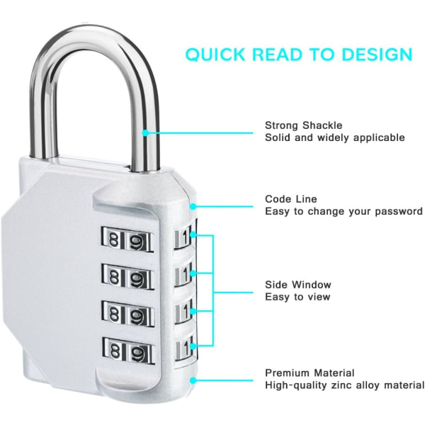 Yhdistelmälukkopää, numerolukkokoodi kaapille, 4-numeroinen yhdistelmälukko kuntosalille, pukuhuoneeseen, korkeakouluun, koulukaappiin, pakopeliin, ulkoilmavarastoon, hopea