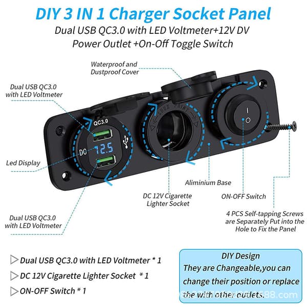12V-24V Dubbel QC3.0 Cigarettändaruttag med LED-Display Voltmeter +