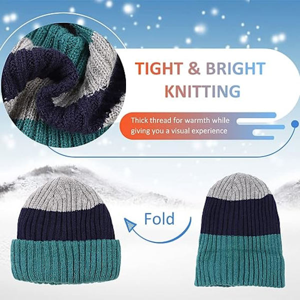 Halsduk Set, Stickad Mössa för Baby Boy, Flickor, Toddler Stickad Vinterhattar, Barn Varma Mössor, Snöskallar, Pojkar, Flickor, 2-8 År - Haqing Marinblå Ljusgrå