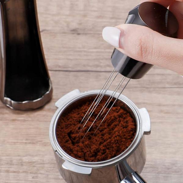 Espressokaffeomrörare med stativ, 304 rostfritt stålverktyg, kaffepress för dispensering av espressoblandningar (svart)