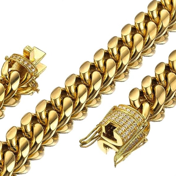 Miami Cuban Link Chain för män 18k guld 15mm rostfritt stål med