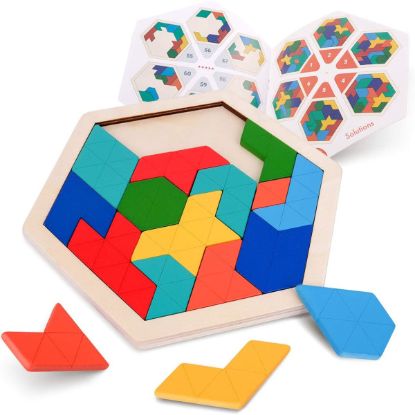 Hexagonalt tangrampussel i trä för barn Vuxna - Geometriska former blockerar hjärngympa med 60 lösningar, roligt resespel för alla åldrar