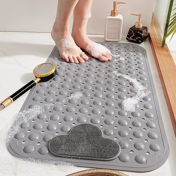 Halkskyddad duschmatta med sugkoppar och dräneringshål, duschmatta med masserande kudde, stor duschbadmatta för badrum dusch 70x40(Grå)