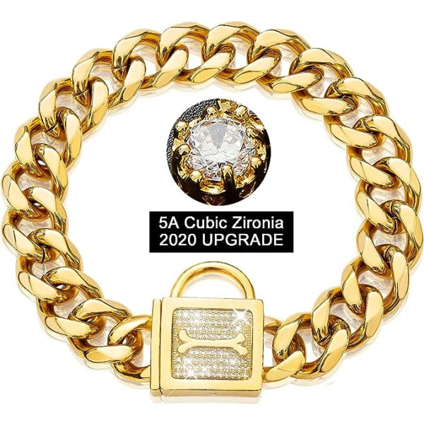 Gold Chain Hundhalsband Bling Cuban Link Hundhalsband med Zirconia
