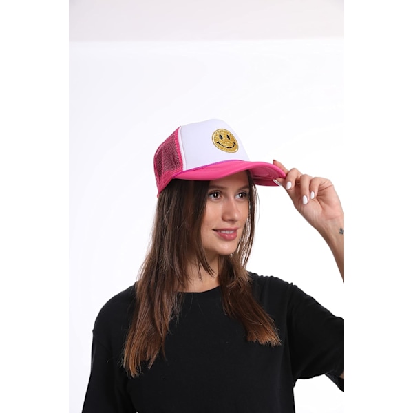 Mote Smiley Sequin Print Neon Høy Krone Skum Mesh Bak Trucker Cap - Un