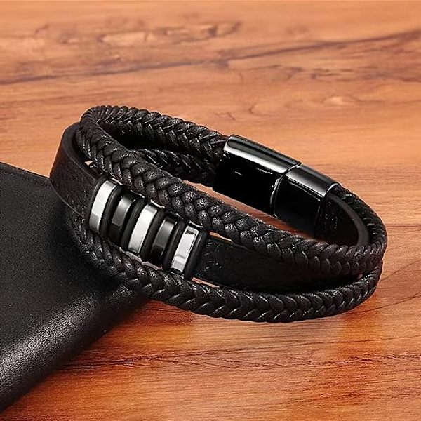 Herr Läder Armband Flerskiktat Rostfritt Stål Magnetiskt Spänne