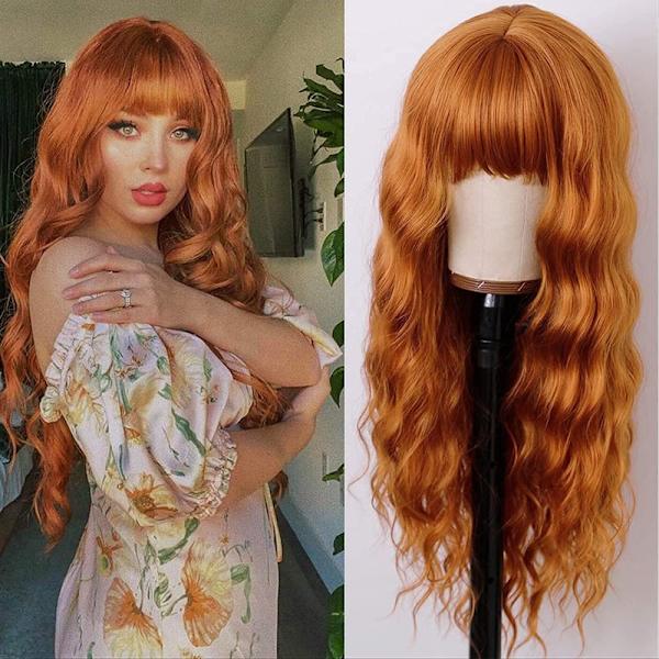 Lång lockig orange peruk Cosplay röd peruk för Halloween prinsessa kostym