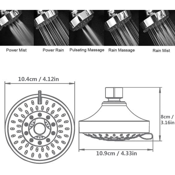 Antikalkduschhuvud, 5 inställningar justerbart vattenbesparande Ra